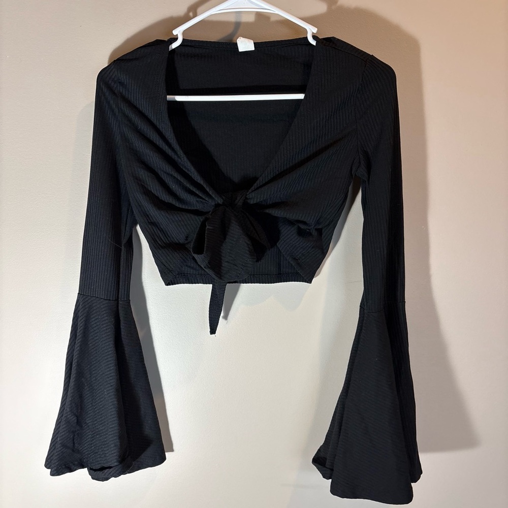 Black Tie-Front Bell Sleeve Crop Top